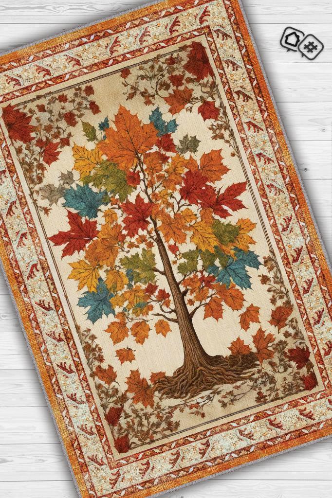 Homshtag Art Deco Çınar Ağacı Vintage Halı Görünümlü Dijital Baskı Renkli Halı,Rustik Çiçekli Halı