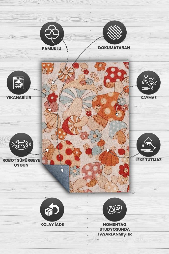 Homshtag Art Deco Çok Renkli Mantarlı Mutfak Halısı Pembe Mantar Baskılı Özel Tasarım Halı