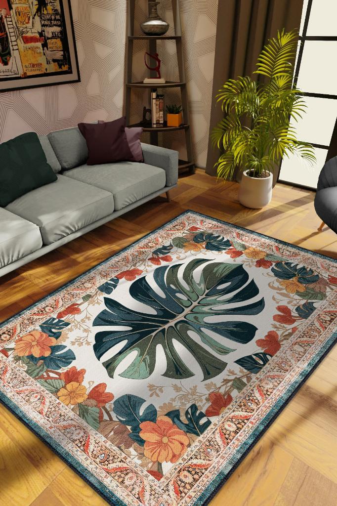 Homshtag Art Deco Deve Tabanı Vintage Halı Görünümlü Dijital Baskı Renkli Halı Rustik Çiçekli Halı