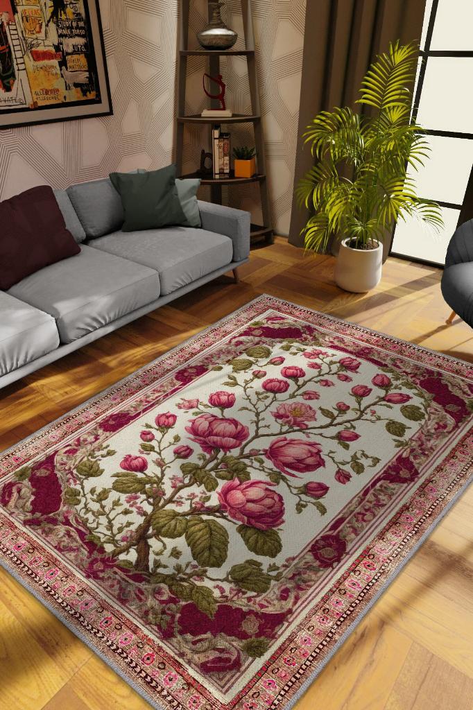 Homshtag Art Deco Erguvan Çiçeği Vintage Halı Görünümlü Dijital Baskı Pembe Halı,Rustik Çiçekli Halı