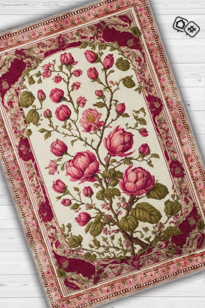 Homshtag Art Deco Erguvan Çiçeği Vintage Halı Görünümlü Dijital Baskı Pembe Halı,Rustik Çiçekli Halı