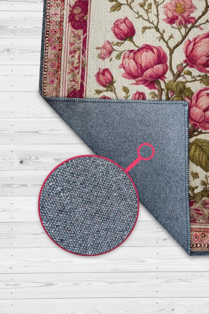 Homshtag Art Deco Erguvan Çiçeği Vintage Halı Görünümlü Dijital Baskı Pembe Halı,Rustik Çiçekli Halı