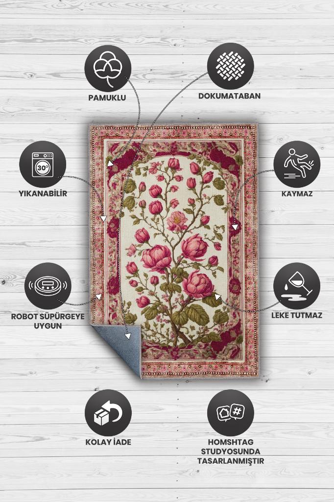 Homshtag Art Deco Erguvan Çiçeği Vintage Halı Görünümlü Dijital Baskı Pembe Halı,Rustik Çiçekli Halı