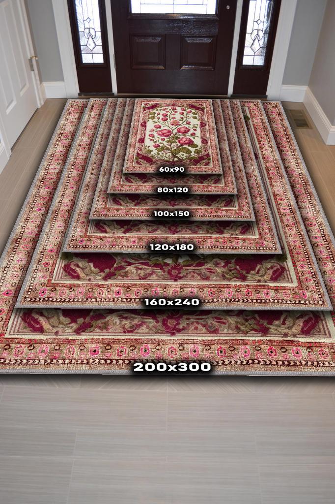 Homshtag Art Deco Erguvan Çiçeği Vintage Halı Görünümlü Dijital Baskı Pembe Halı,Rustik Çiçekli Halı