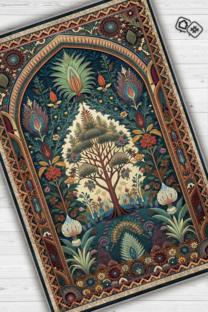 Homshtag Art Deco Etnik Bitki Vintage Halı Görünümlü Dijital Baskı Yeşil Renk Rustik Çiçekli Halı