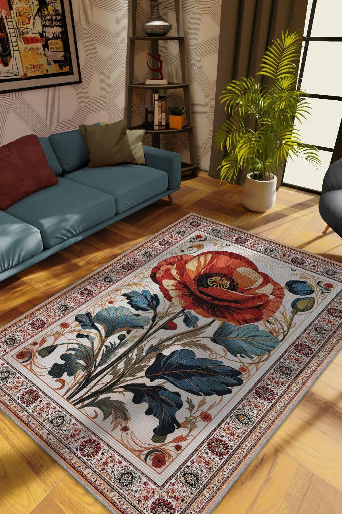 Homshtag Art Deco Gelincik Vintage Halı Görünümlü Dijital Baskı Renkli Halı Rustik Çiçekli Halı