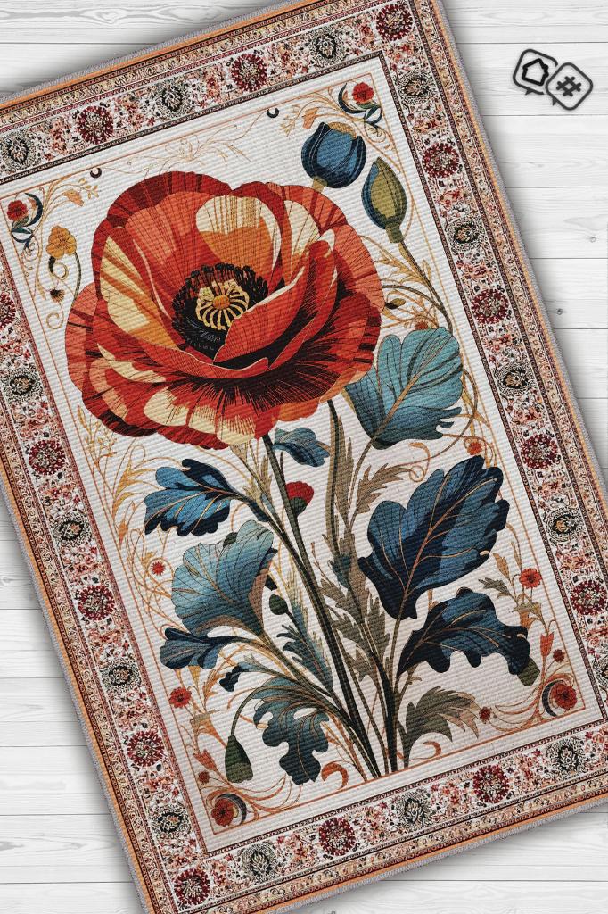 Homshtag Art Deco Gelincik Vintage Halı Görünümlü Dijital Baskı Renkli Halı Rustik Çiçekli Halı