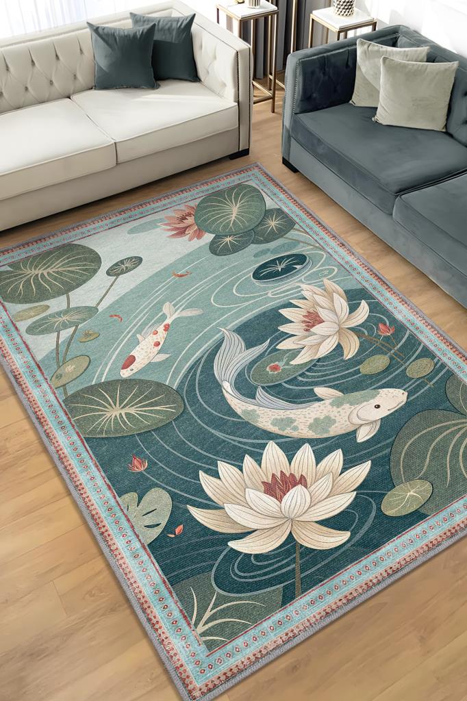 Homshtag Art Deco Göl Desenli Halı Bitki Temalı Yeşil Renkli Gölcük Desenli Dijital Baskı Halı