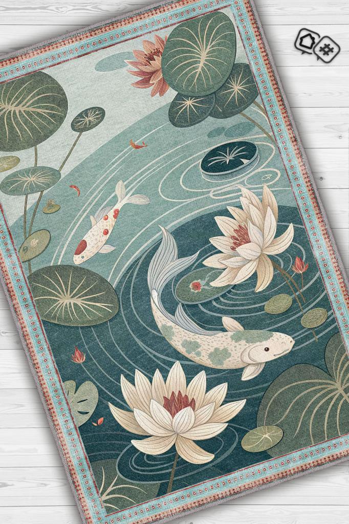 Homshtag Art Deco Göl Desenli Halı Bitki Temalı Yeşil Renkli Gölcük Desenli Dijital Baskı Halı