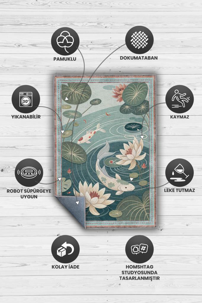 Homshtag Art Deco Göl Desenli Halı Bitki Temalı Yeşil Renkli Gölcük Desenli Dijital Baskı Halı