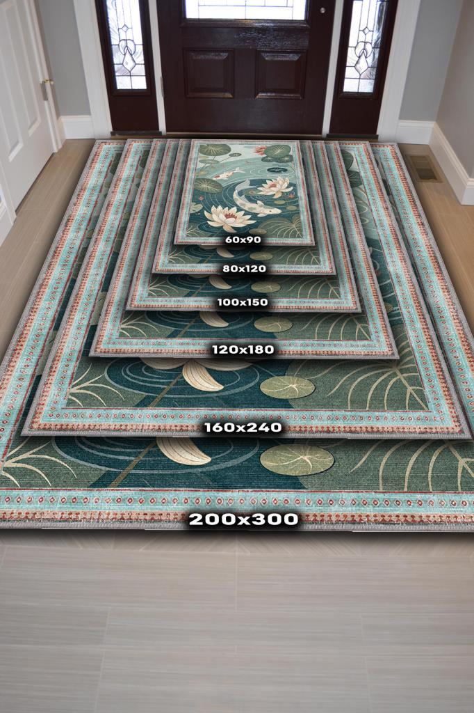 Homshtag Art Deco Göl Desenli Halı Bitki Temalı Yeşil Renkli Gölcük Desenli Dijital Baskı Halı