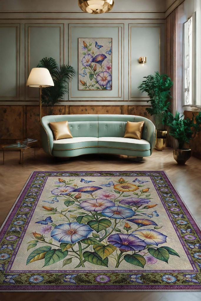 Homshtag Art Deco Gündüz Sefası Vintage Halı Görünümlü Dijital Baskı Renkli Halı Rustik Çiçekli Halı