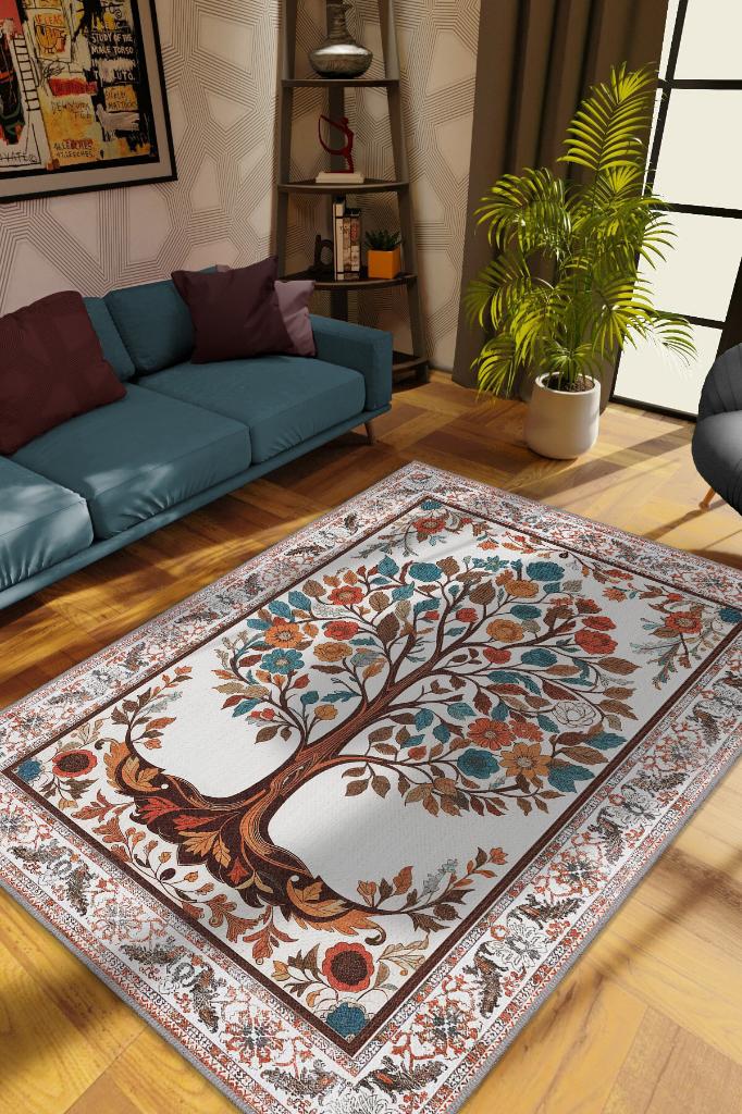 Homshtag Art Deco Hayat Ağacı Vintage Halı Görünümlü Dijital Baskı Renkli Halı Rustik Çiçekli Halı