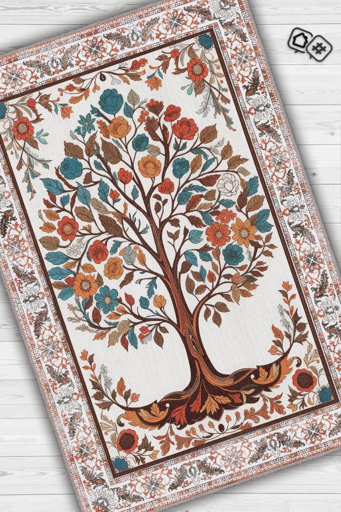 Homshtag Art Deco Hayat Ağacı Vintage Halı Görünümlü Dijital Baskı Renkli Halı Rustik Çiçekli Halı