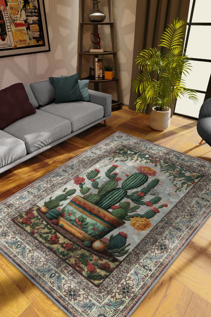 Homshtag Art Deco Kaktüs Vintage Halı Görünümlü Dijital Baskı Renkli Halı,Rustik Çiçekli Halı