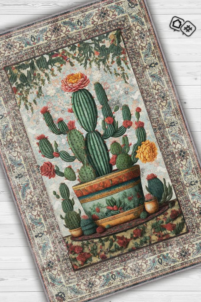 Homshtag Art Deco Kaktüs Vintage Halı Görünümlü Dijital Baskı Renkli Halı,Rustik Çiçekli Halı