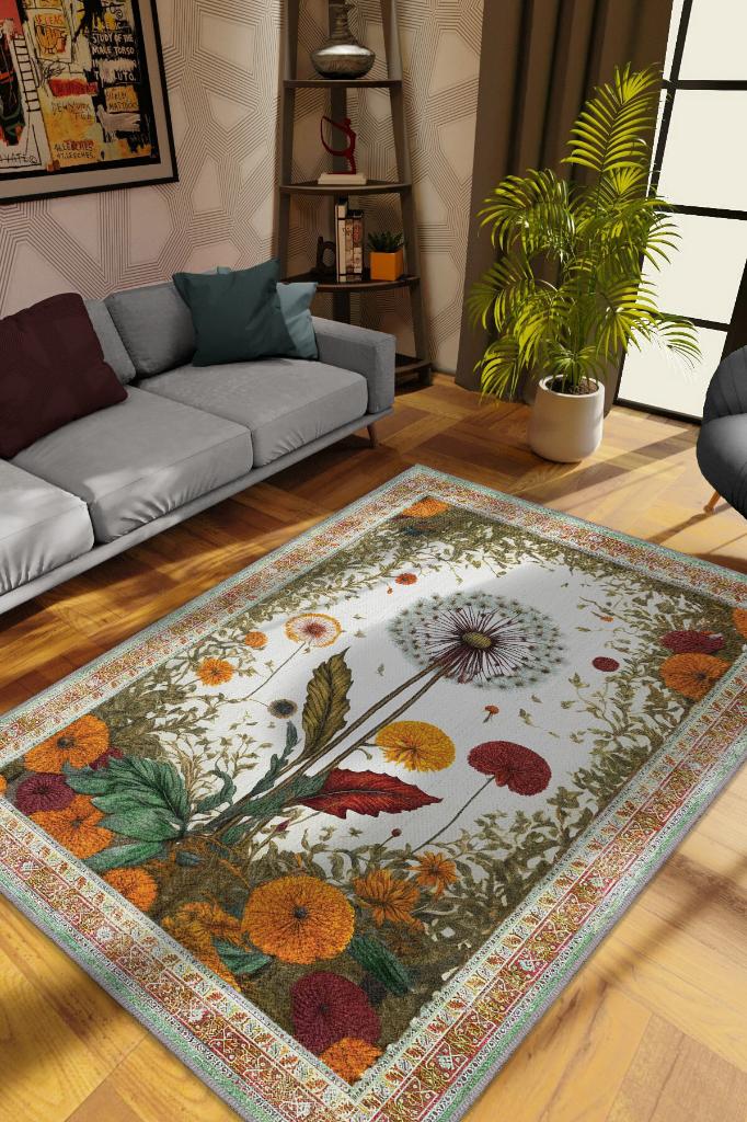 Homshtag Art Deco Karahindiba Vintage Halı Görünümlü Dijital Baskı Renkli Halı,Rustik Çiçekli Halı