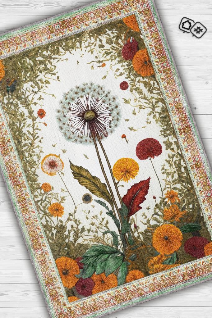 Homshtag Art Deco Karahindiba Vintage Halı Görünümlü Dijital Baskı Renkli Halı,Rustik Çiçekli Halı