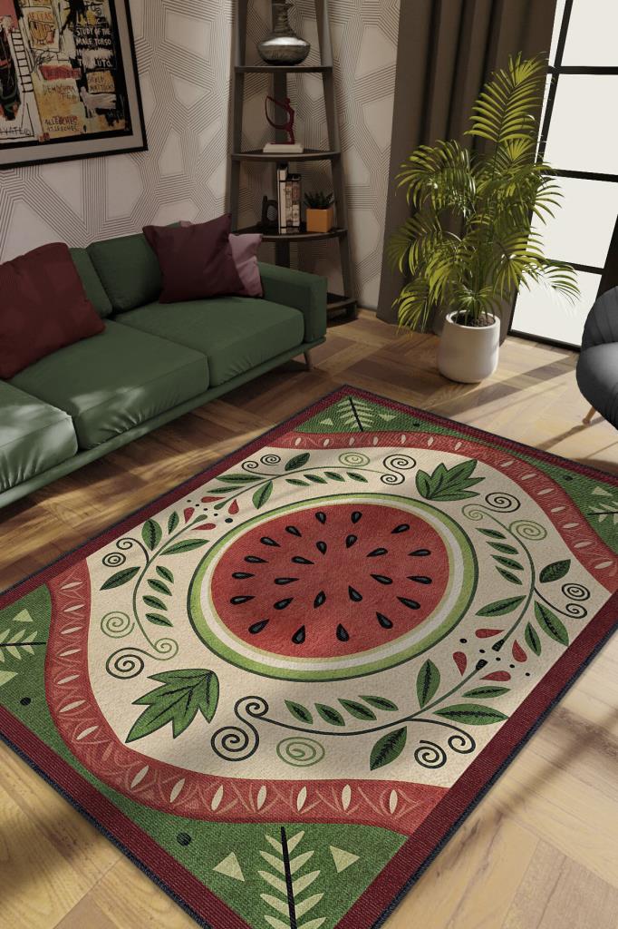 Homshtag Art Deco Karpuz Desenli Halı Bitki Temalı Yeşil Renkli Karpuz Desenli Dijital Baskı Halı