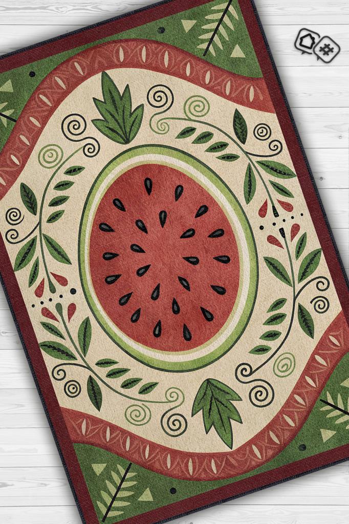 Homshtag Art Deco Karpuz Desenli Halı Bitki Temalı Yeşil Renkli Karpuz Desenli Dijital Baskı Halı