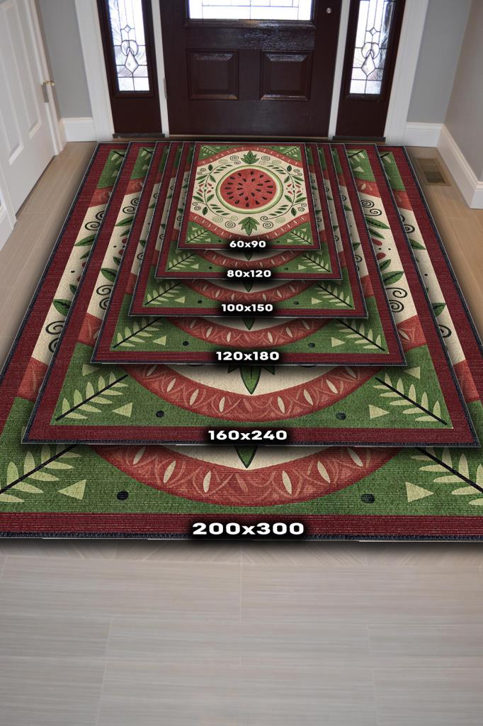 Homshtag Art Deco Karpuz Desenli Halı Bitki Temalı Yeşil Renkli Karpuz Desenli Dijital Baskı Halı