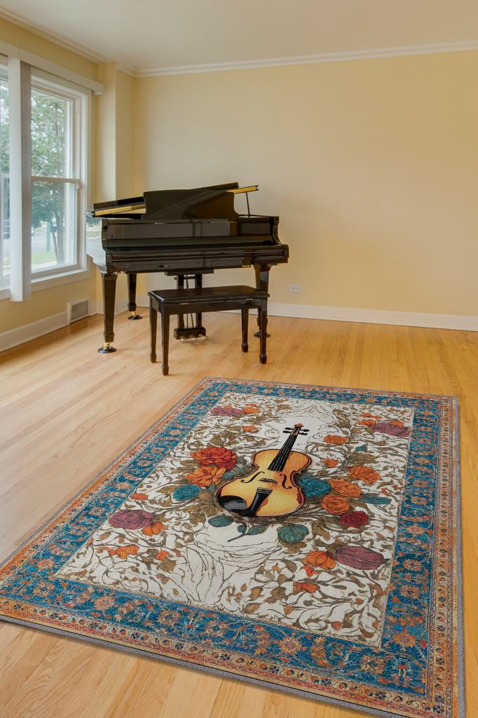 Homshtag Art Deco Keman Halısı,Çiçekli Müzik Halısı,Moden Yorumlu Vintage Salon Halısı,Müzik Sınıfı Dekor Halısı