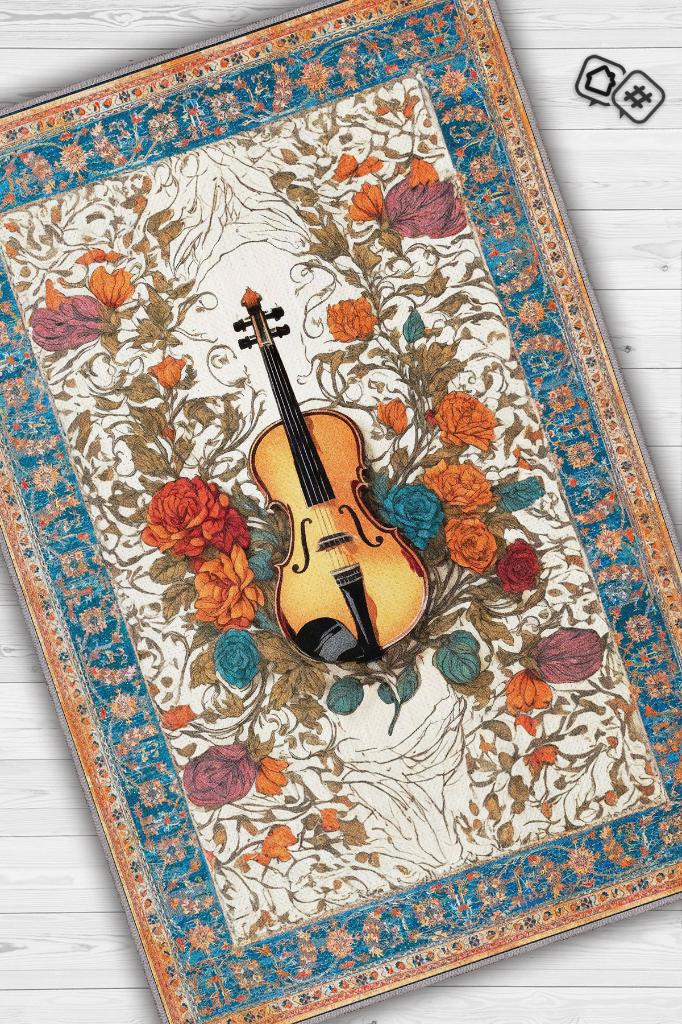 Homshtag Art Deco Keman Halısı,Çiçekli Müzik Halısı,Moden Yorumlu Vintage Salon Halısı,Müzik Sınıfı Dekor Halısı