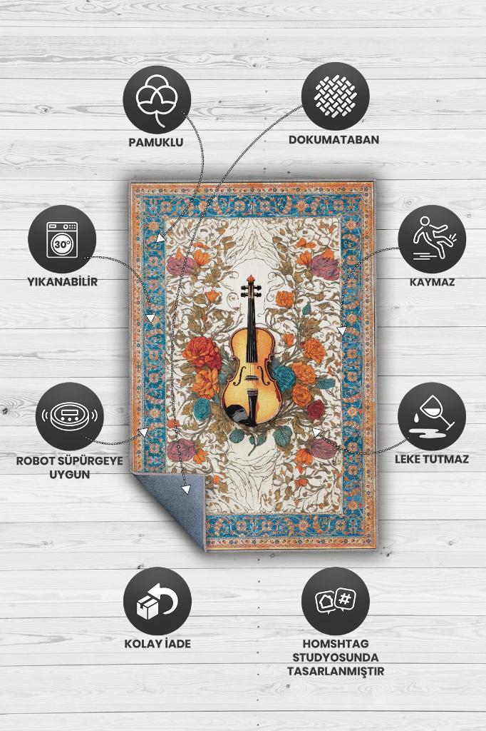Homshtag Art Deco Keman Halısı,Çiçekli Müzik Halısı,Moden Yorumlu Vintage Salon Halısı,Müzik Sınıfı Dekor Halısı