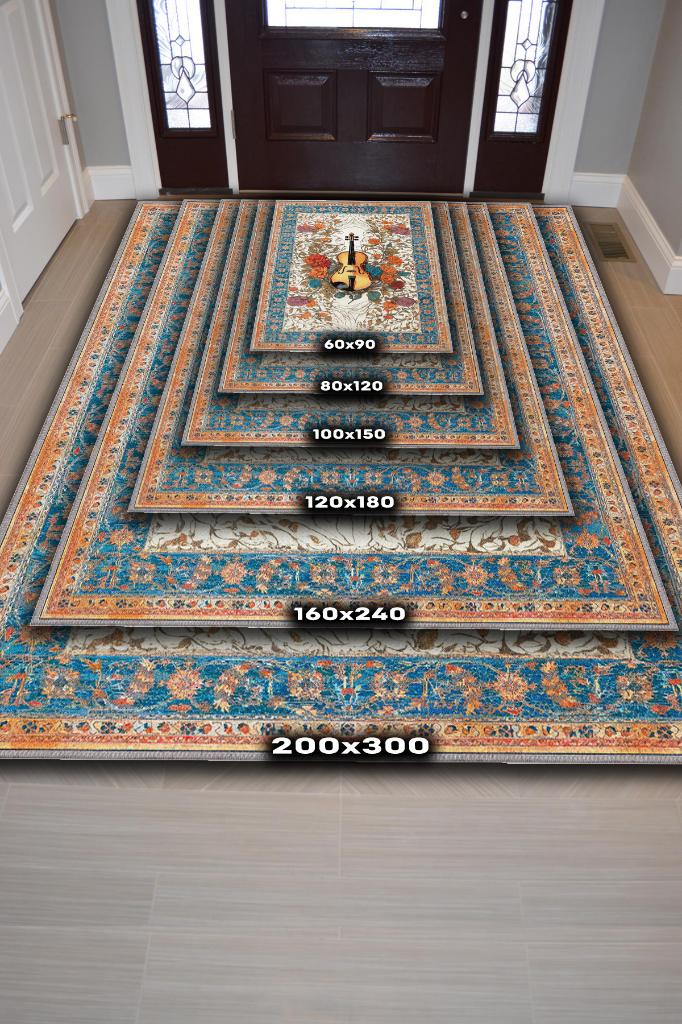 Homshtag Art Deco Keman Halısı,Çiçekli Müzik Halısı,Moden Yorumlu Vintage Salon Halısı,Müzik Sınıfı Dekor Halısı