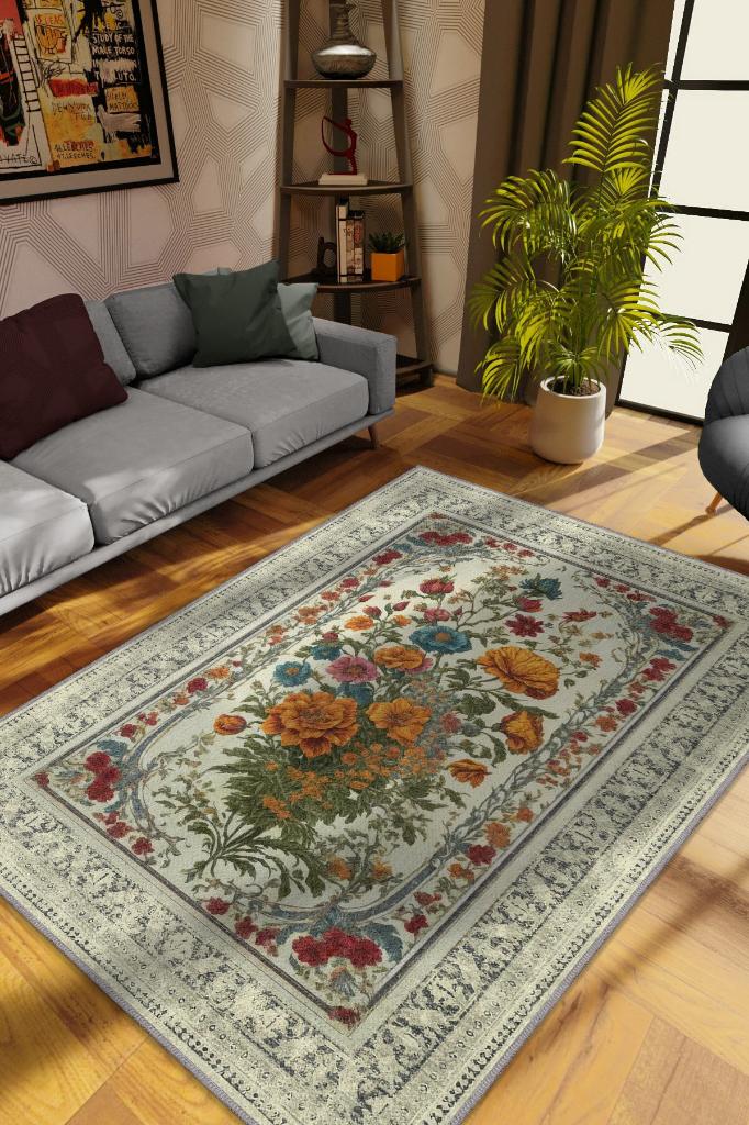 Homshtag Art Deco Kır Çiçeği Vintage Halı Görünümlü Dijital Baskı Renkli Halı Rustik Çiçekli Halı