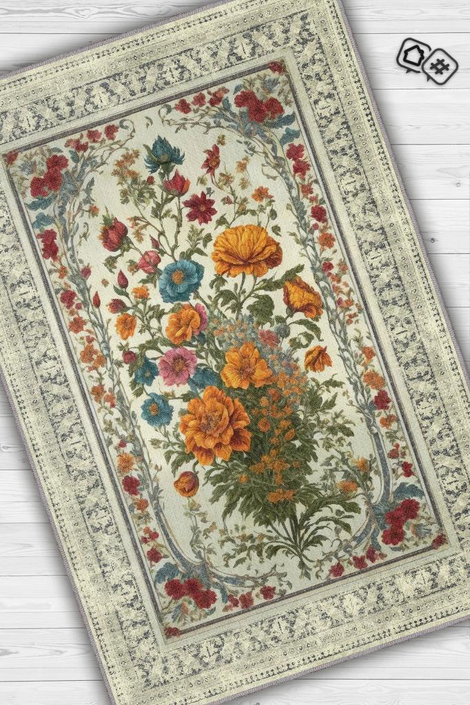 Homshtag Art Deco Kır Çiçeği Vintage Halı Görünümlü Dijital Baskı Renkli Halı Rustik Çiçekli Halı