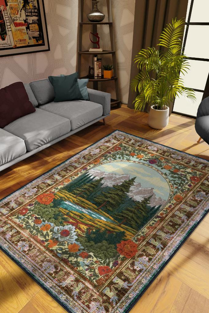 Homshtag Art Deco Ladin Ağacı Vintage Halı Görünümlü Dijital Baskı Renkli Halı,Rustik Çiçekli Halı