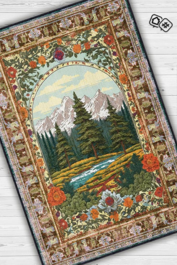 Homshtag Art Deco Ladin Ağacı Vintage Halı Görünümlü Dijital Baskı Renkli Halı,Rustik Çiçekli Halı