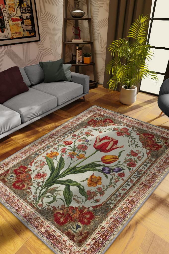Homshtag Art Deco Lale Çiçeği Vintage Halı Görünümlü Dijital Baskı Renkli Halı, Rustik Çiçekli Halı