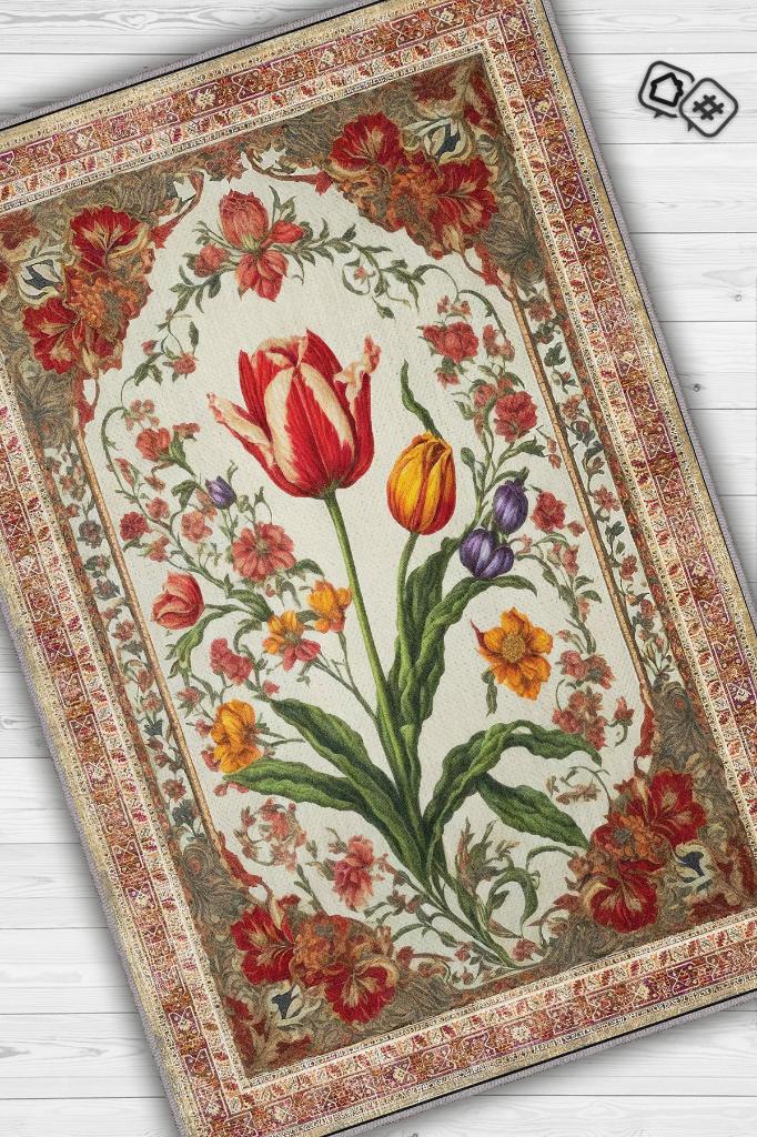 Homshtag Art Deco Lale Çiçeği Vintage Halı Görünümlü Dijital Baskı Renkli Halı, Rustik Çiçekli Halı