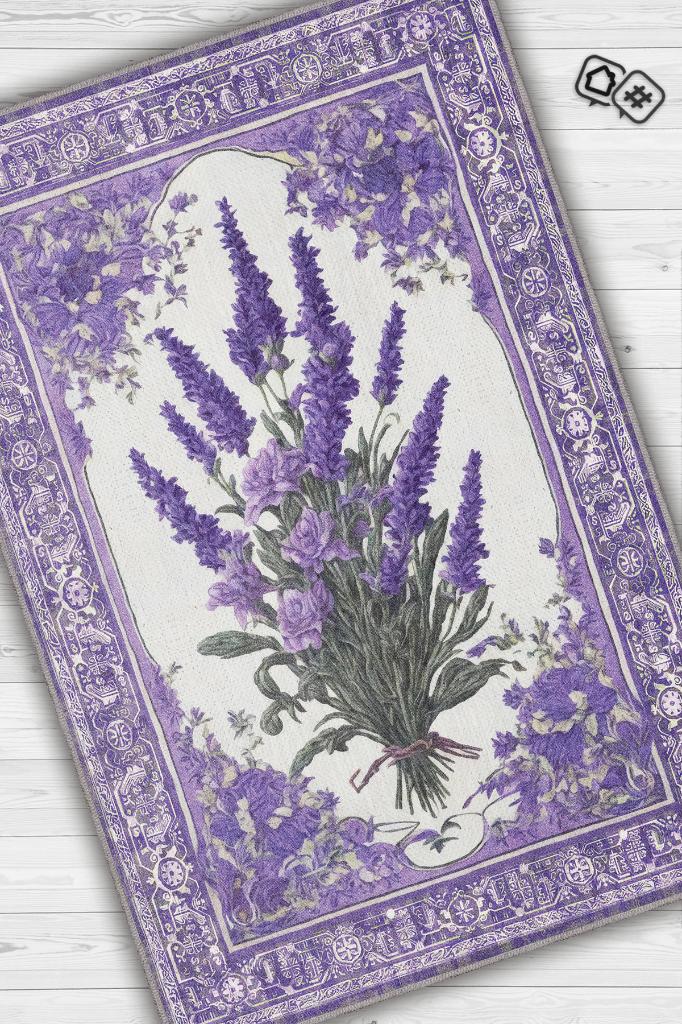 Homshtag Art Deco Lavanta Çiçeği Vintage Halı Görünümlü Dijital Baskı Mor Halı,Rustik Çiçekli Halı