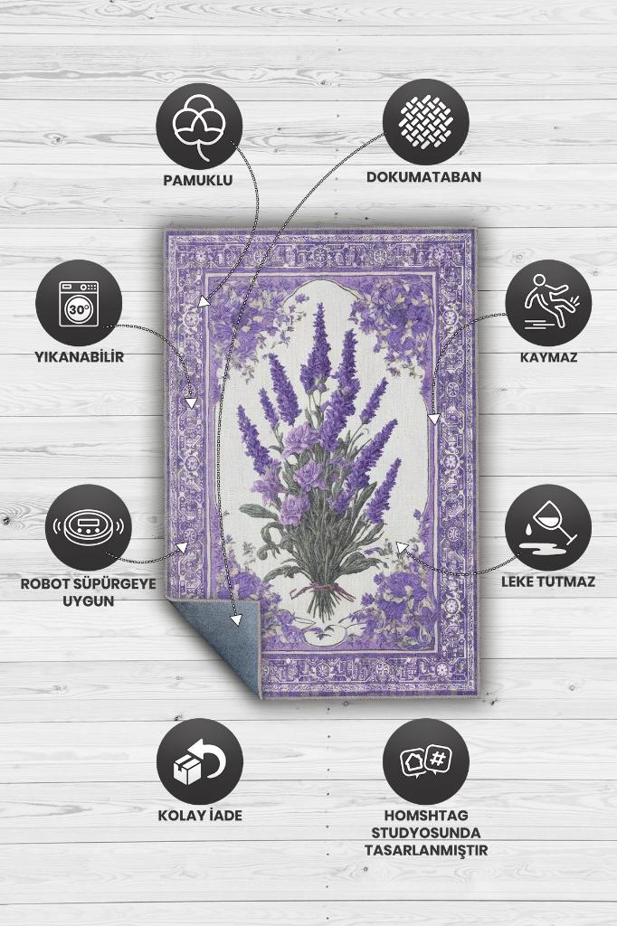 Homshtag Art Deco Lavanta Çiçeği Vintage Halı Görünümlü Dijital Baskı Mor Halı,Rustik Çiçekli Halı