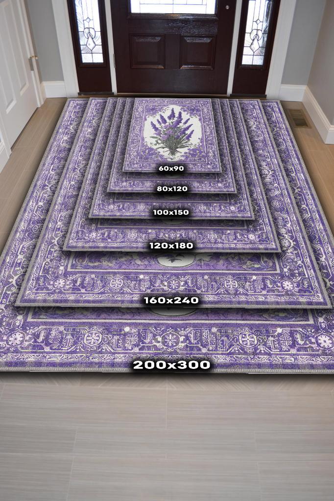 Homshtag Art Deco Lavanta Çiçeği Vintage Halı Görünümlü Dijital Baskı Mor Halı,Rustik Çiçekli Halı