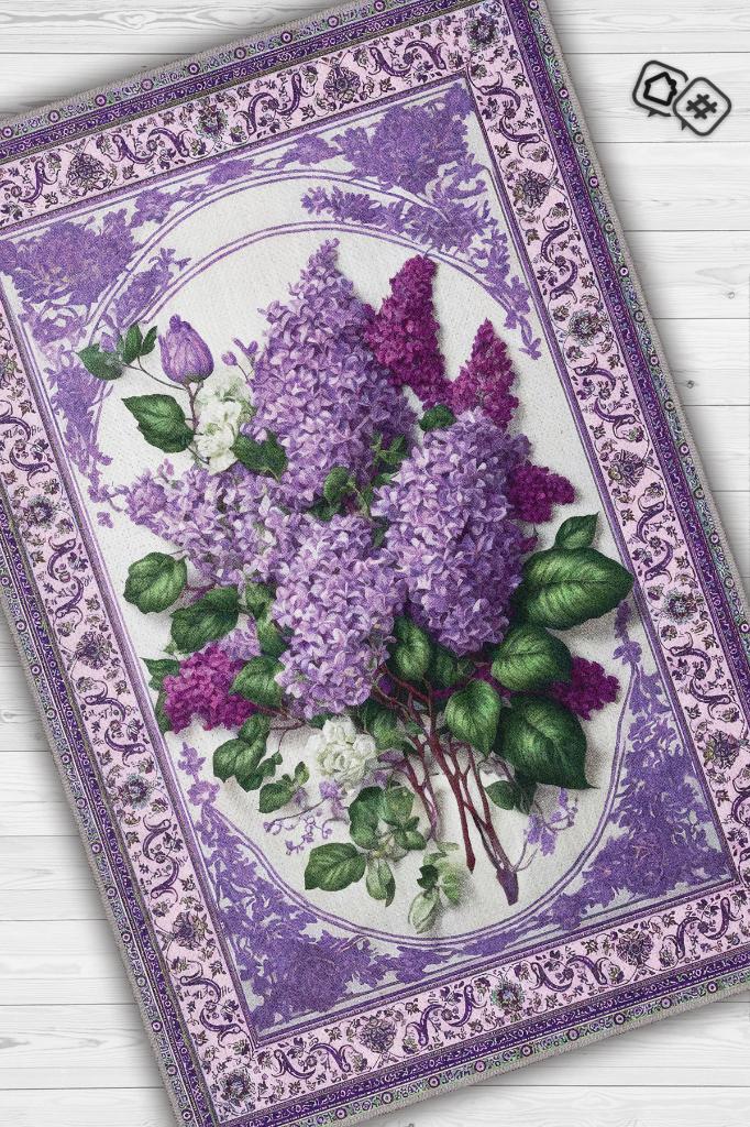 Homshtag Art Deco Leylak Çiçeği Vintage Halı Görünümlü Dijital Baskı Mor Halı,Rustik Çiçekli Halı
