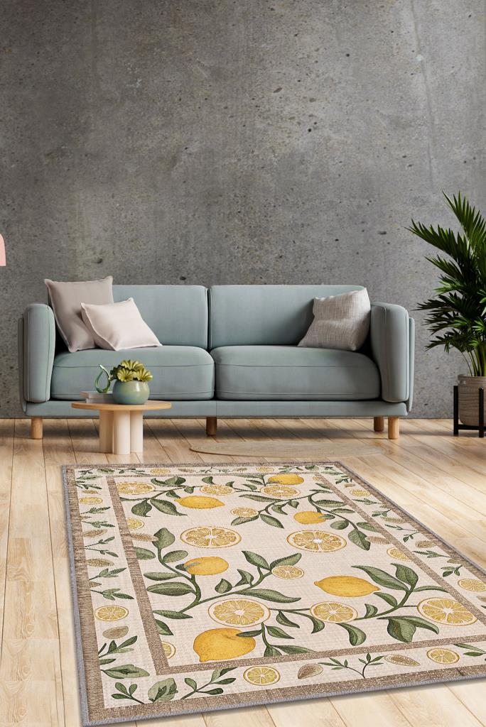 Homshtag Art Deco Limon Desenli Halı Bitki Temalı Sarı Renk Modern Limon Desenli Dijital Baskı Halı