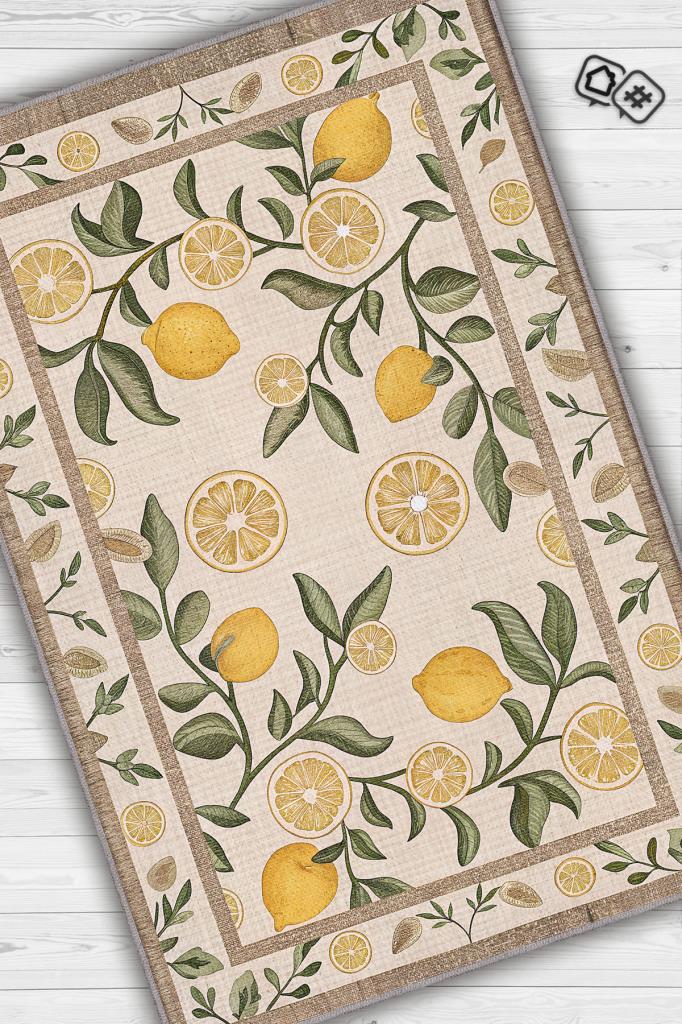 Homshtag Art Deco Limon Desenli Halı Bitki Temalı Sarı Renk Modern Limon Desenli Dijital Baskı Halı