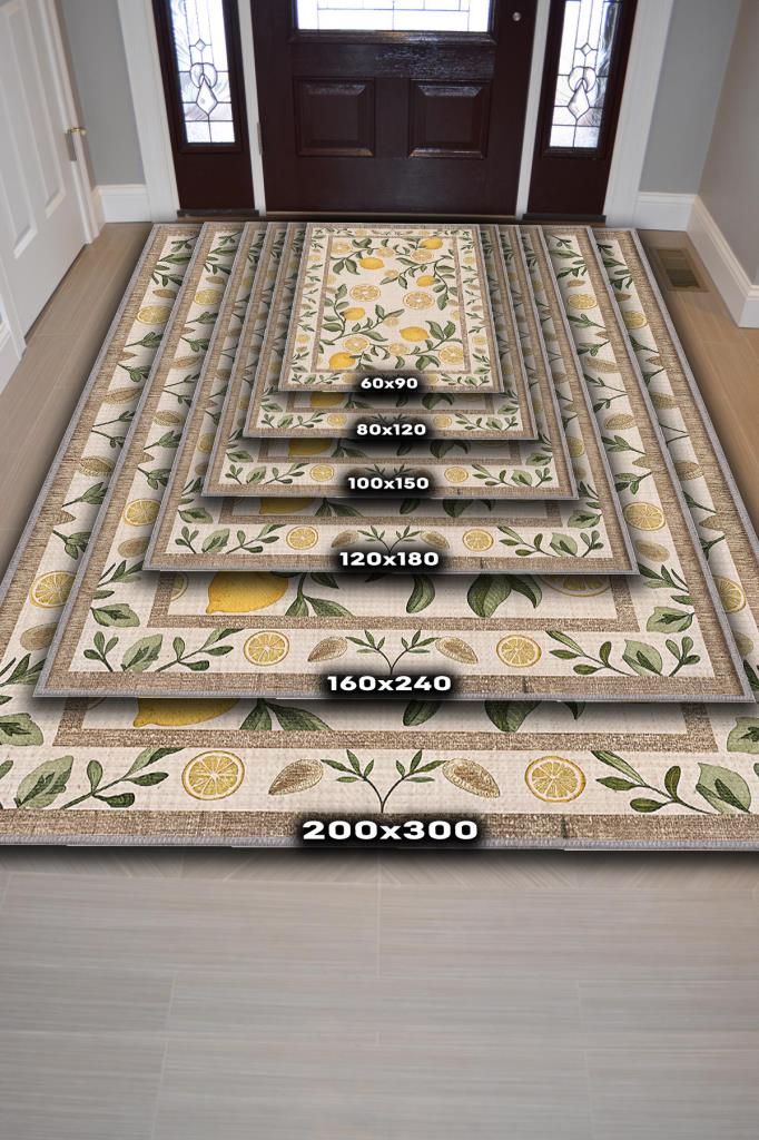 Homshtag Art Deco Limon Desenli Halı Bitki Temalı Sarı Renk Modern Limon Desenli Dijital Baskı Halı