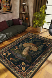 Homshtag Art Deco Mantar Desenli Halı Bitki Temalı Krem Siyah Renk Modern Dijital Baskı Çiçekli Halı