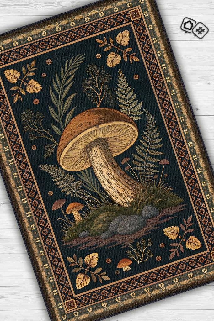 Homshtag Art Deco Mantar Desenli Halı Bitki Temalı Krem Siyah Renk Modern Dijital Baskı Çiçekli Halı