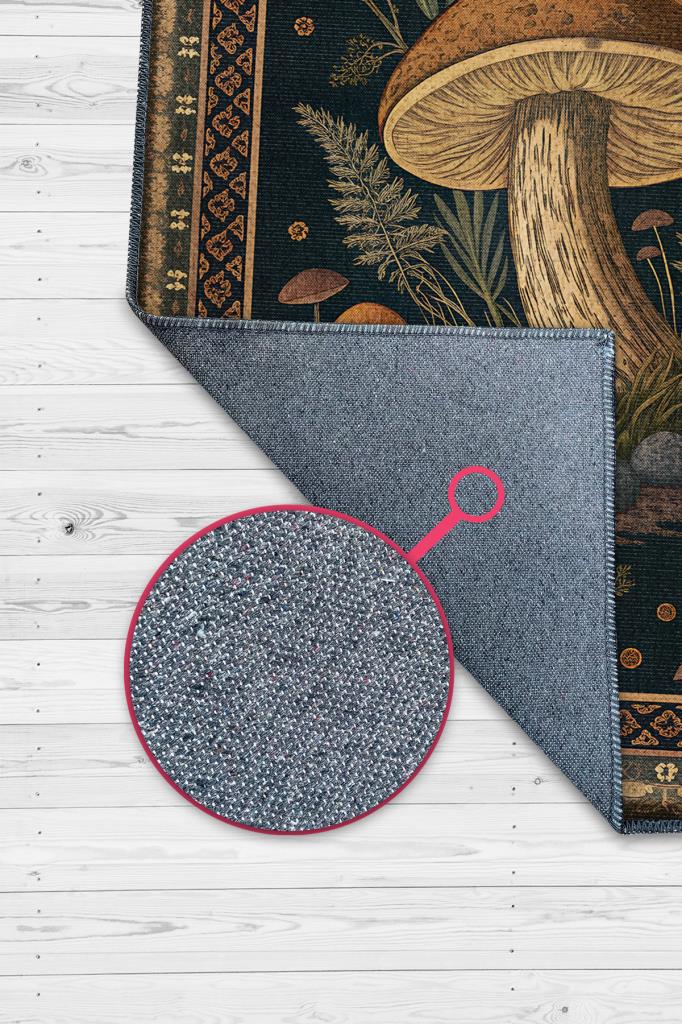 Homshtag Art Deco Mantar Desenli Halı Bitki Temalı Krem Siyah Renk Modern Dijital Baskı Çiçekli Halı