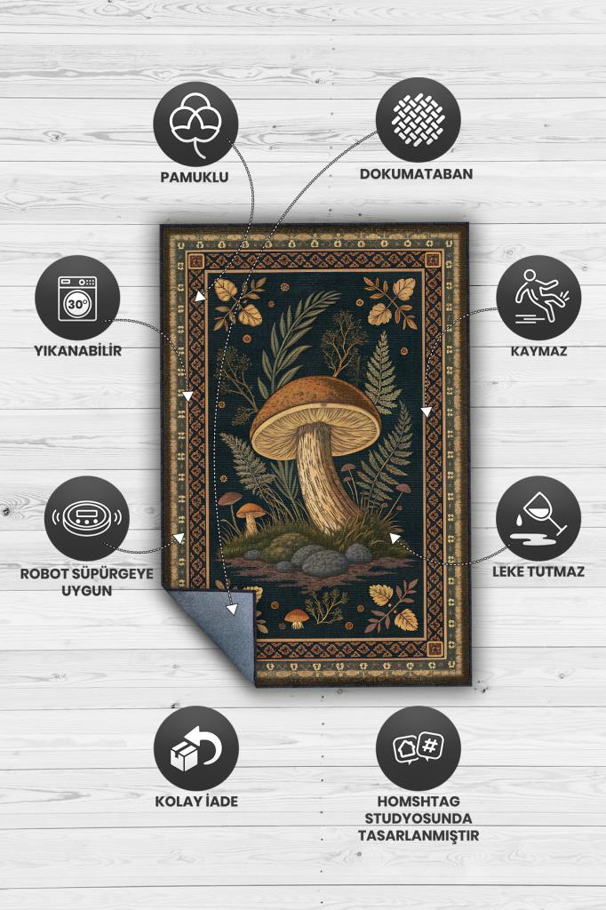 Homshtag Art Deco Mantar Desenli Halı Bitki Temalı Krem Siyah Renk Modern Dijital Baskı Çiçekli Halı