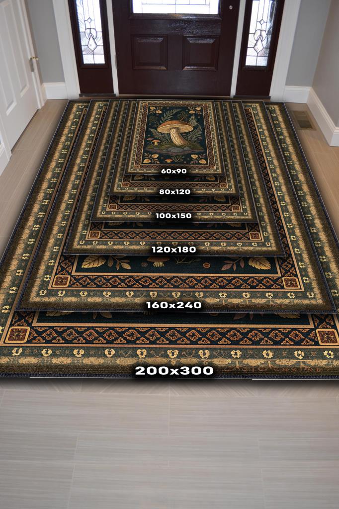 Homshtag Art Deco Mantar Desenli Halı Bitki Temalı Krem Siyah Renk Modern Dijital Baskı Çiçekli Halı