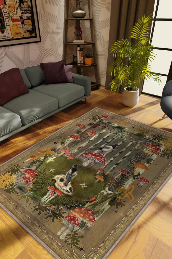 Homshtag Art Deco Mantar Desenli Halı Bitki Temalı Soft Renkli Modern Dijital Baskı Çiçekli Halı