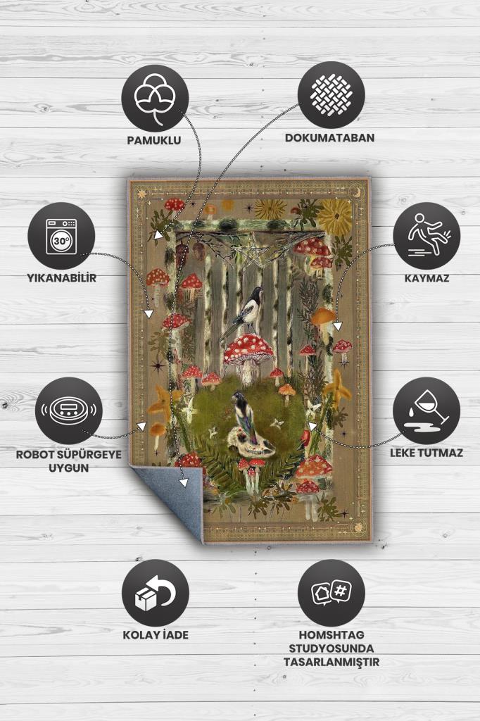 Homshtag Art Deco Mantar Desenli Halı Bitki Temalı Soft Renkli Modern Dijital Baskı Çiçekli Halı