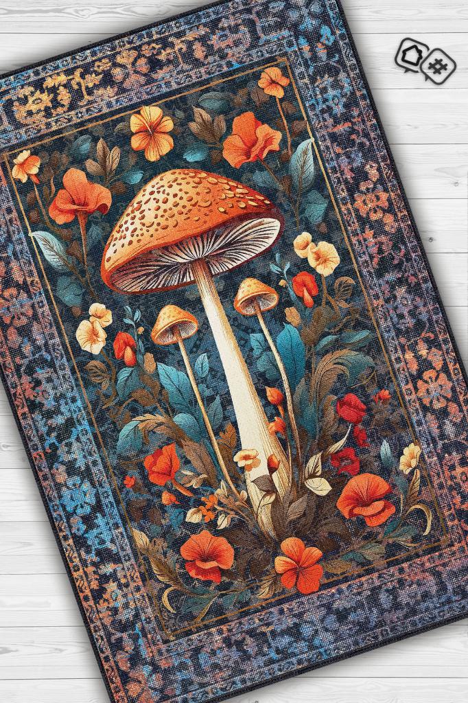 Homshtag Art Deco Mantar Vintage Halı Görünümlü Dijital Baskı Renkli Halı Rustik Çiçekli Halı